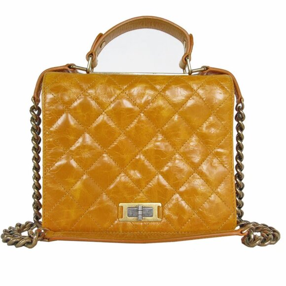 Auth CHANEL 2.55 Handbag Shoulder Bag Yellow Gold leather/metal - Picture 1 of 12